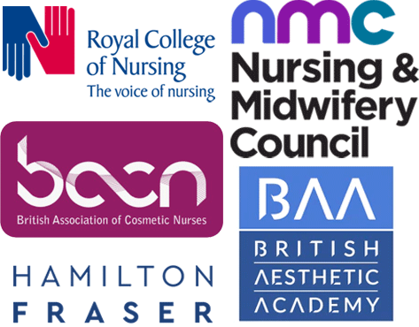 Britsh Aesthetic Academy logo, RCN logo, NMC logo, Hamilton Fraser logo